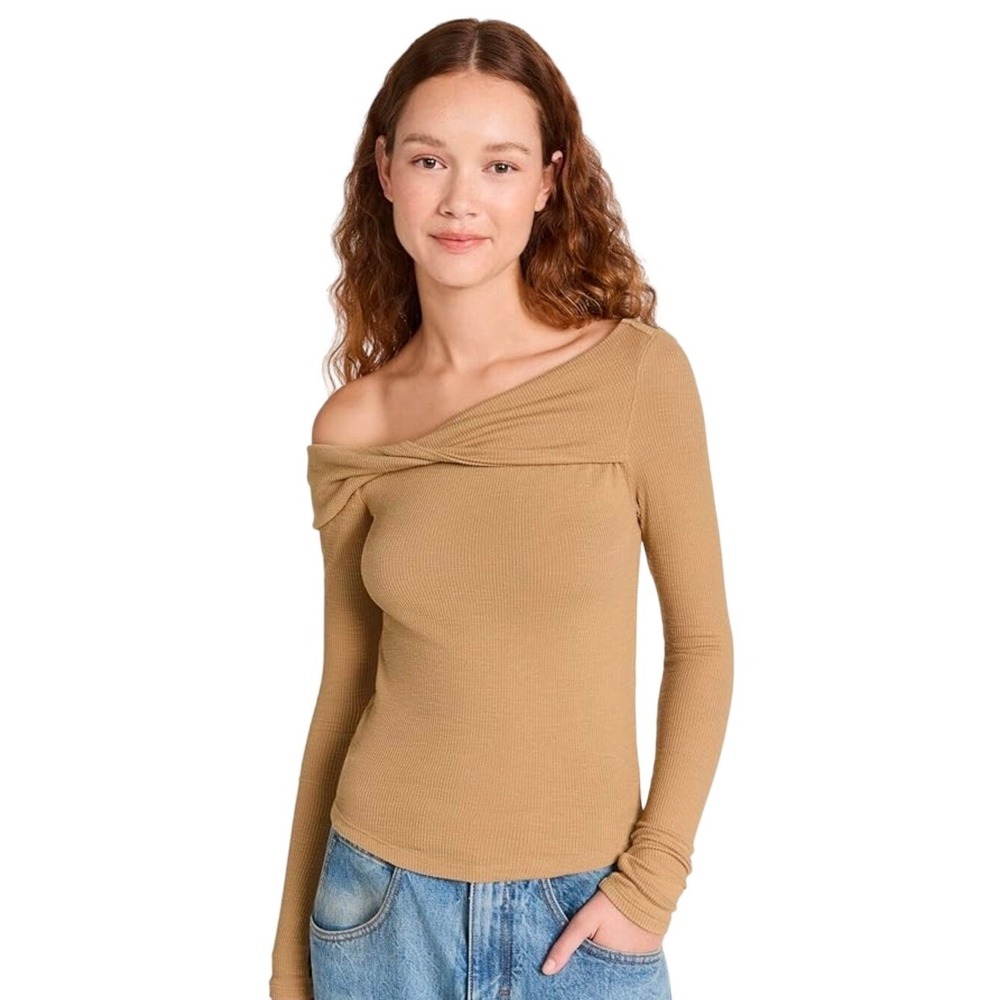 Free People We The Free One Shoulder Ribbed Top Camel Tan Long Sleeve Medium NWT